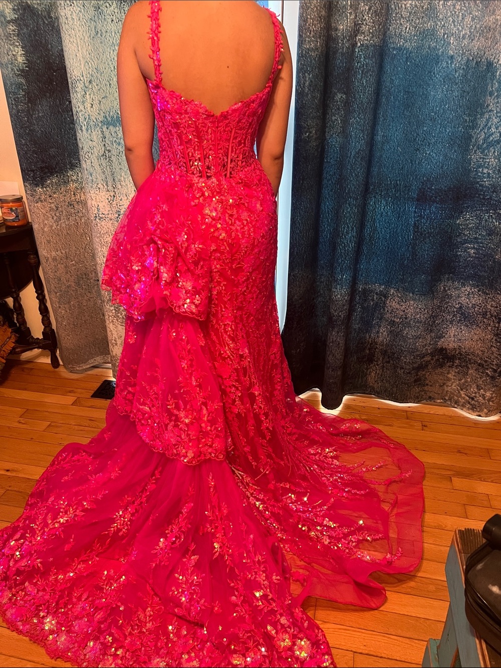 Sherri Hill Hot Pink Sequin High-Slit removable train prom dress - Picture 3 of 17